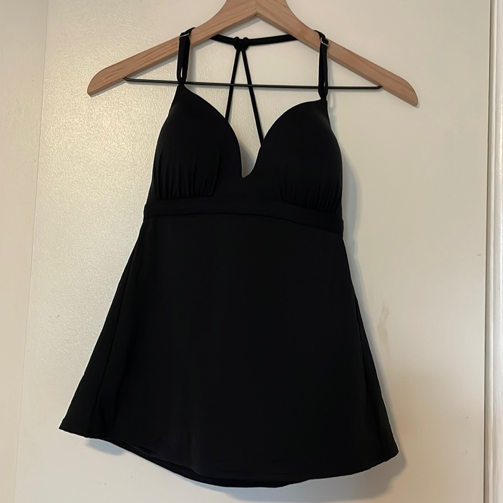 Black Athleta swim top with structured cups and adjustable straps, size M